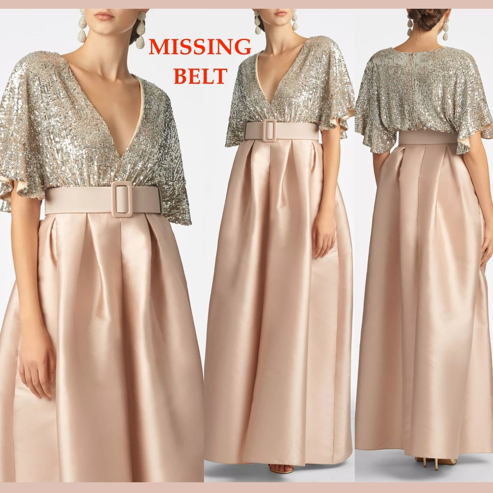 NWD Sachin & Babi [ 10 ] Simone Sequin Belted A Line Gown‎ Silver Peony J2126